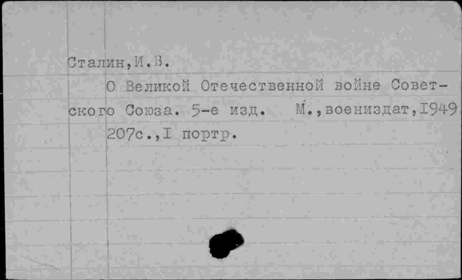 ﻿Сталии,И.В.
О Великой Отечественной войне Советского Союза. 5-е изд. М.,воениздат,1949
207с.,I портр.